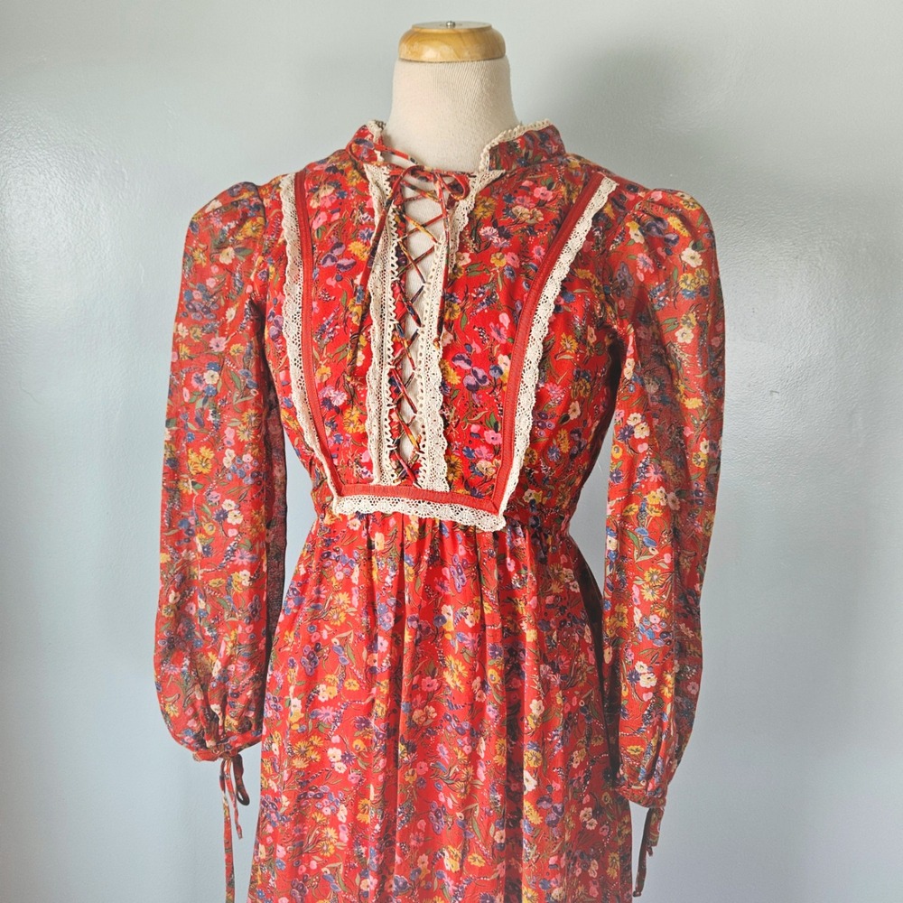 Vintage Candi Jones California Red‎ Floral Prairie Maxi Dress Lace Up Boho 70s 5